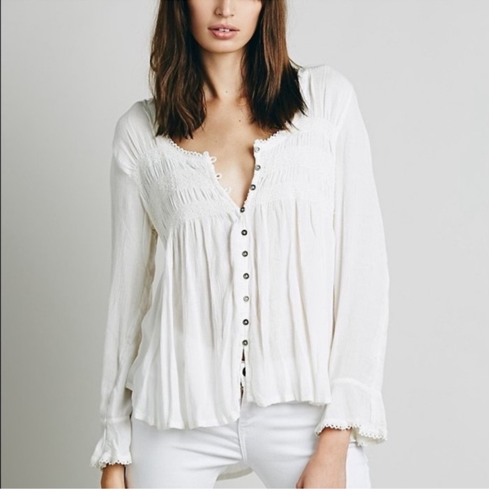 Free People Blue Bird Smocked Top Ivory Button lightweight Blouse XS Boho Hippie